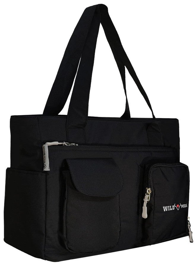 WILD MODA Womens Classic Polyester Double Pocket Shoulder Bag (Black) - Image 1